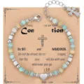 Natural stone beaded bracelet with cross charm and inspirational card for women and men. - Style 6