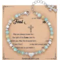 Natural stone beaded bracelet with cross charm and stainless steel extension chain. - Style 7