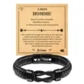 Men stainless steel braided leather bracelet with magnetic clasp and message love card gift. - 23cm / JE T'AIME / Steel