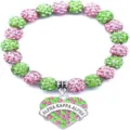 Pink green rhinestone beaded bracelet with heart pendant sorority jewelry accessory item - Number 44
