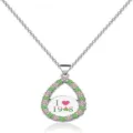 Silver teardrop necklace with pink and green rhinestones and a custom 1908 pendant design. - Number 49