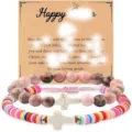 Easter cross beaded bracelet set, natural stone and colorful clay beads stackable jewelry. - 4