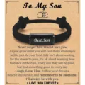 Adjustable black woven rope bracelet with engraved metal bar for son gift, stylish design. - To My Son