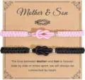 Mother and son braided bracelet set matching handmade woven rope couple jewelry gifts card. - Black + Pink - 6