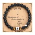 Pulsera de cuentas de obsidiana natural y ojo de tigre con colgante de cruz de acero. - Estilo de Cruz