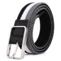 Black grey white striped elastic woven belt with metal pin buckle and PU leather tab. - Black White Grey / 105cm