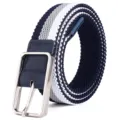 Casual woven elastic stretch belt with metal buckle and striped design for daily wear. - Blue, Grey & White / 105cm