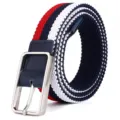 Unisex elastic stretch woven belt featuring red white and blue stripes with silver buckle. - Red, Blue & White / 105cm