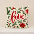 Christmas linen printed pillow cover with red love and festive watercolor floral design. - 45x45cm (Pillowcase Only) / XP053-4