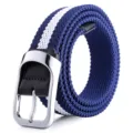 Unisex woven elastic belt with silver metal buckle, casual stretch braided belt for men and women. - 105cm / Blue and White