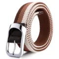 Stylish tricolor woven elastic belt with metal buckle, casual stretch waistband for daily wear. - Coffee, Camel & Beige
