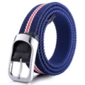Woven elastic belt for men and women, comfortable stretch braided strap with silver pin buckle. - 105cm / Blue + Red