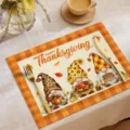Detailed view of autumn Thanksgiving placemat with cute gnomes, pumpkins, and warm fall vibes. - 30*45cm / CD16-4