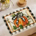 Autumn pumpkin placemat with buffalo plaid border, polyester fabric dining table decor mat - 30*45cm / CD16-3