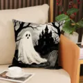 Halloween black and white ghost pillowcase polyester home decor sofa cushion spooky castle design - Ghost Castle (YMW69-1) / 45x45cm (Pillow Cover Only)