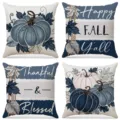 Set 4 federe per cuscini autunnali con zucca, stile rustico blu per divano e decorazione. - FP031-2