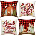 Weihnachten Kissenbezüge 4er Set dekorative Kissenhüllen für Sofa Urlaub Heimtextilien - Rot-Schwarzes Karo Religiöses 4-Teiliges Set