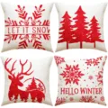 Weihnachten Kissenbezüge 4er Set rote Dekokissenbezüge für Sofa und Heimdekoration - Weißer Hintergrund Rotes Muster 4-Teiliges Set