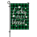 St. Patrick's Day green black buffalo plaid garden flag with lucky and blessed shamrock text. - HYQ9-5