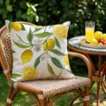 Outdoor waterproof polyester throw pillow cover with fresh lemon and leaf botanical print. - Waterproof White Linen (Single Side Pillow Cover Only) / Colorful
