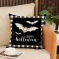 Halloween throw pillow cover with black and white plaid and bat pattern, soft decorative cushion. - 18x18inch (Pillow Cover Only) / YMW61-2