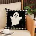 Halloween ghost pillow cover with black and white plaid border, cozy sofa cushion decor. - 18x18inch (Pillow Cover Only) / YMW61-4