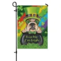St. Patrick's Day garden flag featuring cute bulldog in leprechaun hat with colorful shamrocks. - HYQ9-18