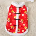 Festive red pet dog clothes with white plush trim and cute puppy prints for winter holidays. - L / Red