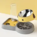 Niedlicher Haustier-Doppelnapf mit automatischer Wasserflasche und Edelstahlschüssel für Hunde. - Upgrade Gelb 500ml Edelstahl + Langsamer Fressnapf
