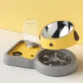 Süßer Cartoon Haustier Hundeschüssel Doppelter Napf Automatischer Wasserspender Edelstahl - Upgrade Gelb 300ml Edelstahl + Langsamer Fressnapf