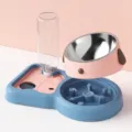 Rosa und blauer Haustier-Doppelnapf mit automatischem Wasserspender und Edelstahleinsatz. - Upgrade Rosa 500ml Edelstahl + Langsamer Fressnapf
