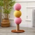 Cute 3-tier sisal ball cat scratching post cat tree with stable base, perfect for small spaces. - Sugar Ball Scratching Post - 3-Ball Model [Pink-Yellow]