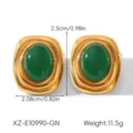 Vintage chunky gold earrings with green stone, elegant titanium steel geometric ear studs. - Stud Earrings / Green