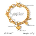 Gold stainless steel toggle clasp chain bracelet with heart charms and clear crystal. - Gold