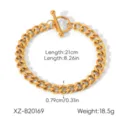 Gold stainless steel Cuban link chain bracelet detail view showing T-bar clasp and dimensions. - Gold