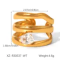 Detailed close-up of the multi-layer wavy 18k gold plated ring with oval zirconia stone. - Triple Wave Cross Ring (XZ-R30537-WT) / XZ-R30537-WT