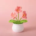 Nahaufnahme der handgefertigten Häkel-Rosa-Blumen-Topfpflanze mit feiner Garntextur. - Positives Topfset - Drei rosa Vergissmeinnicht