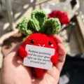 Handmade crochet radish doll with positive quote card, cute emotional support knitted toy gift. - Radish