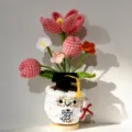 Handmade crochet graduation flower pot ornament, cute knitted doll desktop decor for gift. - Lotus Potted