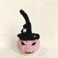Handmade crochet Halloween pink pumpkin doll with witch hat, cute wool desktop ornament - Pink