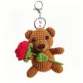 Handmade Crochet Brown Bear Keychain Cute Stuffed Doll Bag Pendant with Red Rose - Confession Bear Keychain