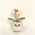Handmade crochet potted flower doll, colorful knitted desk decor with cute wooden base. - Forget-Me-Not Potted