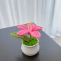 Handgemachte gehäkelte rosa Lilie im Topf, süße Strickblume für Schreibtisch oder Auto. - Fuchsia