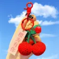 Cute handmade knitted cherry car keychain and bag pendant plush accessory in red color style - Button Style - Cherry (Because of You)