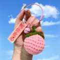 Cute handmade crochet peach keychain with pink bell and acrylic charm for bag backpack decor - Wire Loop Style / Sweet Peach Cat