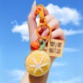 Cute crochet orange keychain plush bag charm with acrylic tag and bell for car keys and accessories. - Orange / Orange