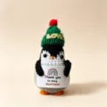 Handmade crochet penguin doll figurine with green knit hat, cute desktop ornament SKU. - Christmas Penguin 2