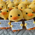 Handmade crochet yellow duck doll ornament with positive message card for cute room decor. - Duckling
