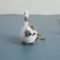 Cute handmade crochet cat keychain pendant, white and grey yarn cat charm accessory. - Grayish White