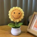 Planta de maceta de girasol de ganchillo hecha a mano flor artificial tejida - Planta de girasol sonriente en maceta (Maceta blanca)